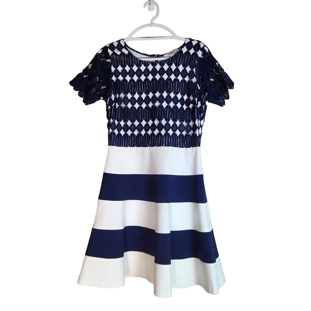 Badgley Mischka Elegant Navy and White Striped Dress